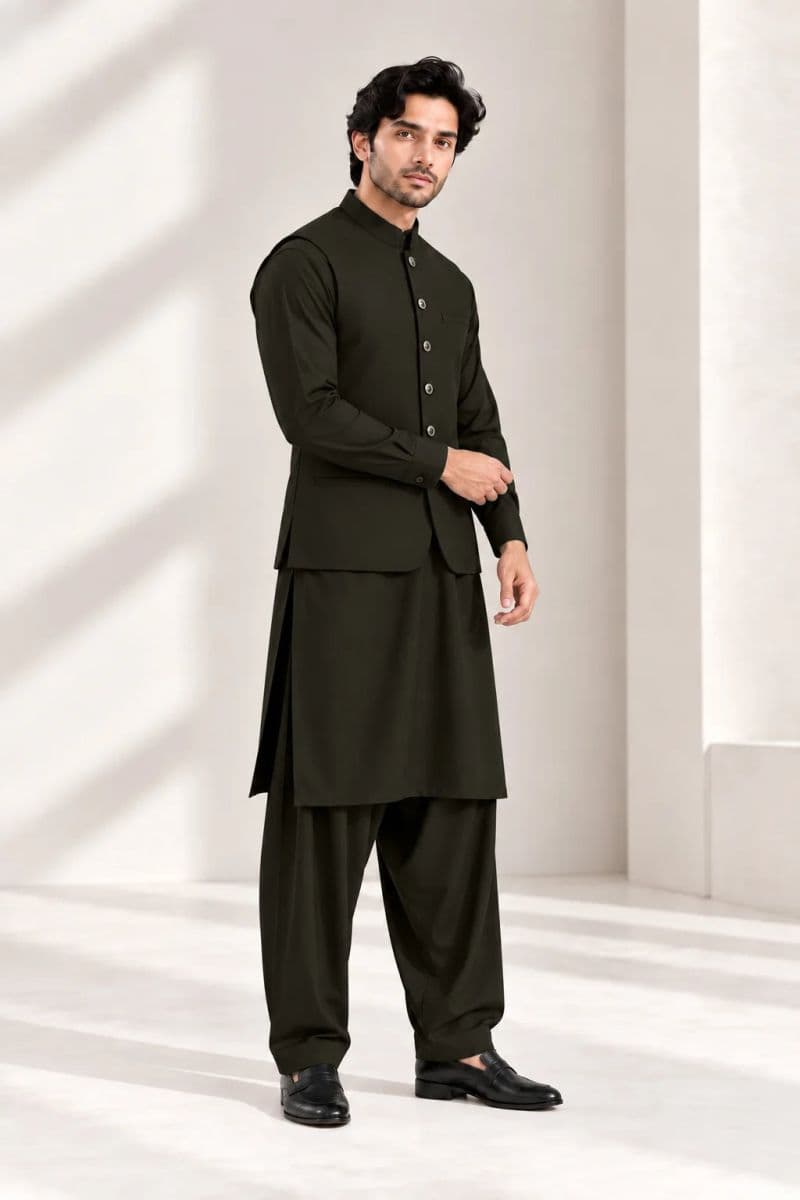 Men's Blended Kameez Shalwar with Waistcoat – DARK OLIVE thumbnail