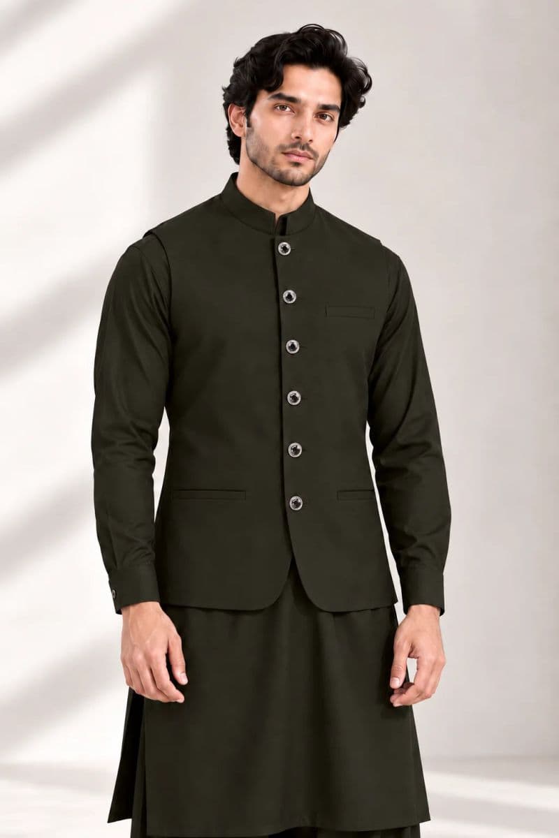Men's Blended Kameez Shalwar with Waistcoat – DARK OLIVE thumbnail