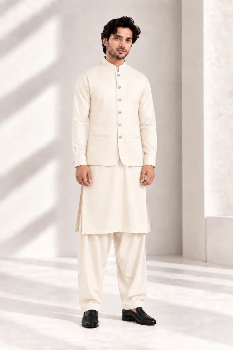 Men's Blended Kameez Shalwar with Waistcoat – CREAM thumbnail