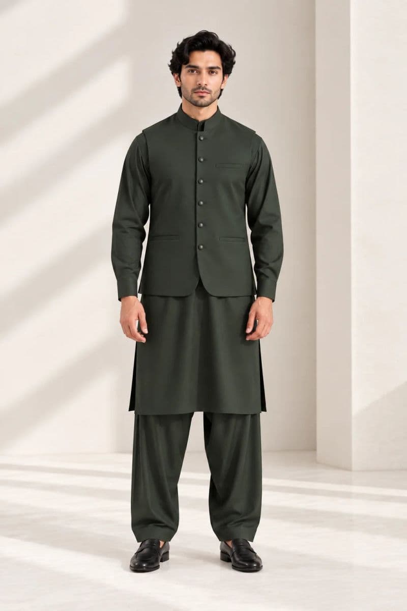 Men's Blended Kameez Shalwar with Waistcoat – BOTTLE GREEN thumbnail