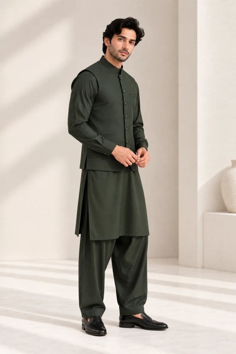 Men's Blended Kameez Shalwar with Waistcoat – BOTTLE GREEN thumbnail