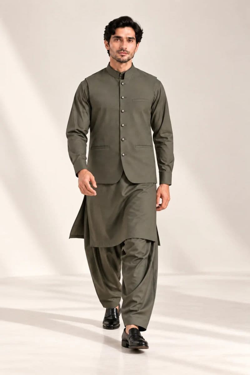 Men's Blended Kameez Shalwar with Waistcoat – OLIVE thumbnail