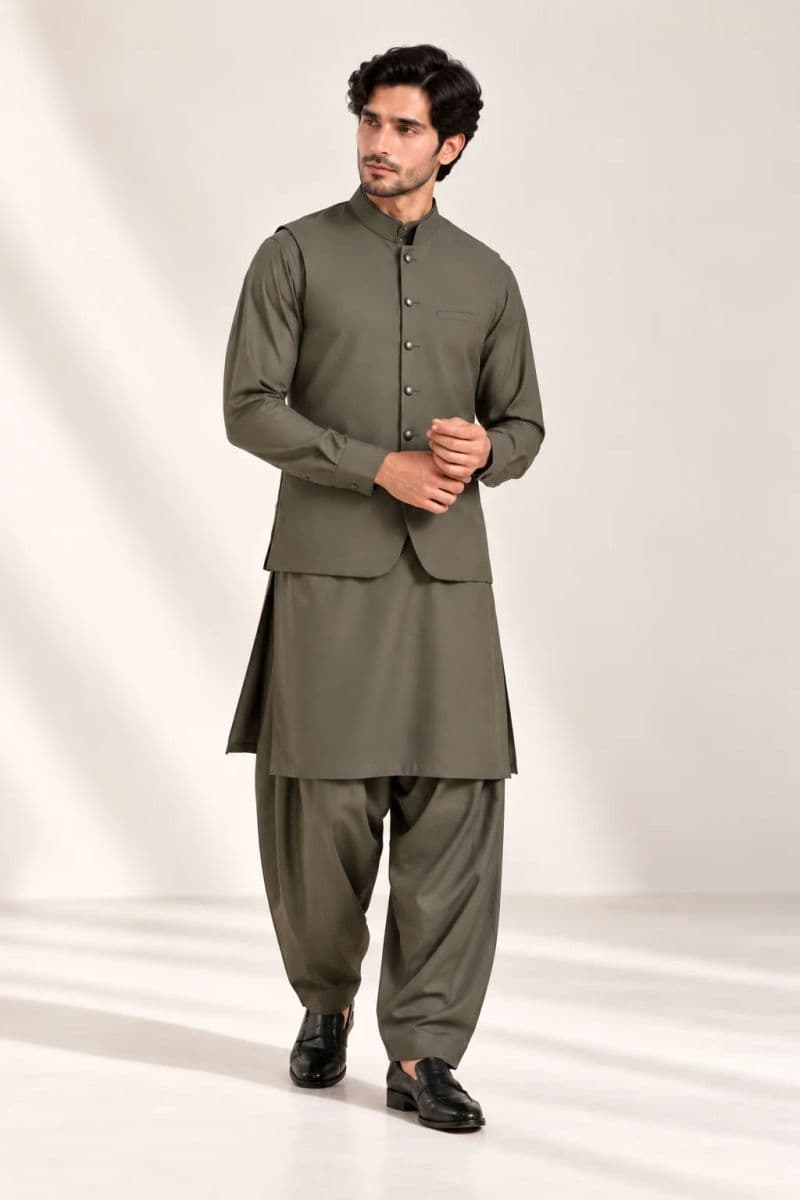 Men's Blended Kameez Shalwar with Waistcoat – OLIVE thumbnail