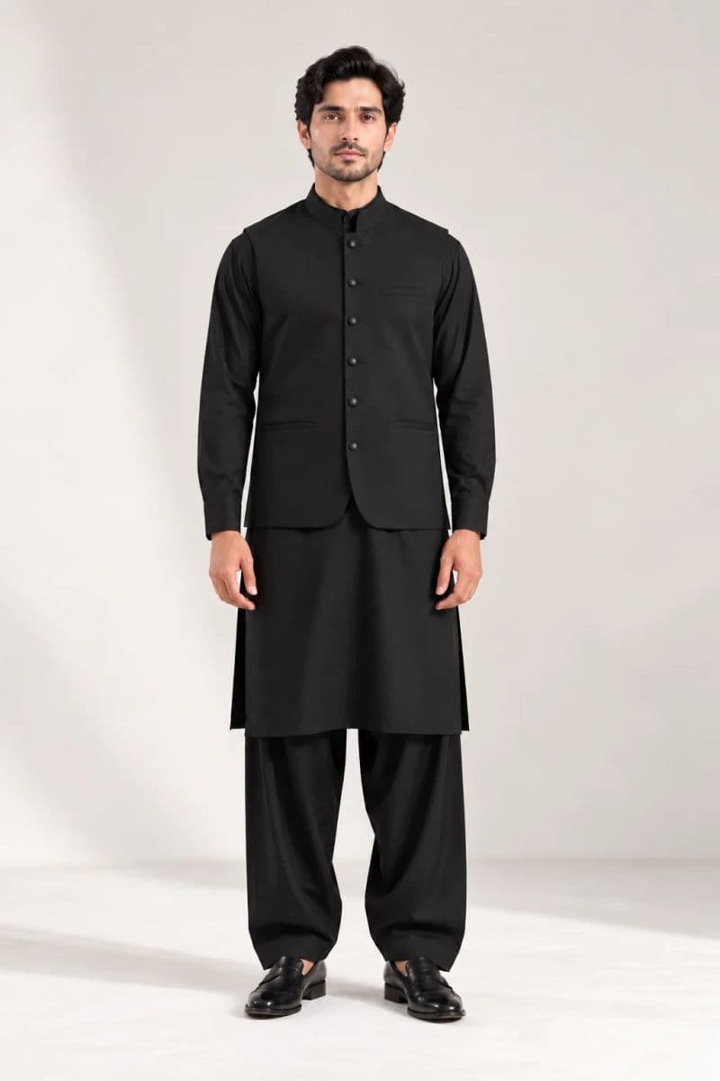 Men's Blended Kameez Shalwar with Waistcoat – BLACK thumbnail