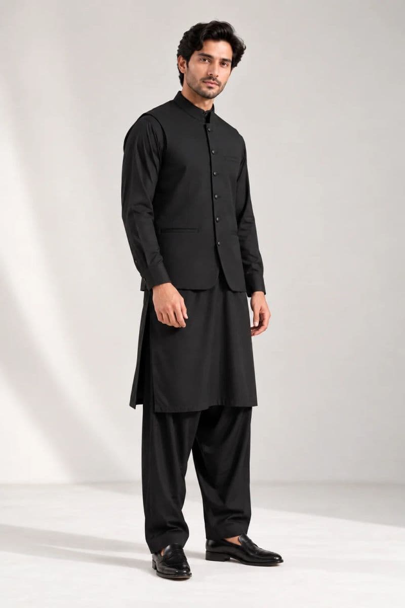 Men's Blended Kameez Shalwar with Waistcoat – BLACK thumbnail