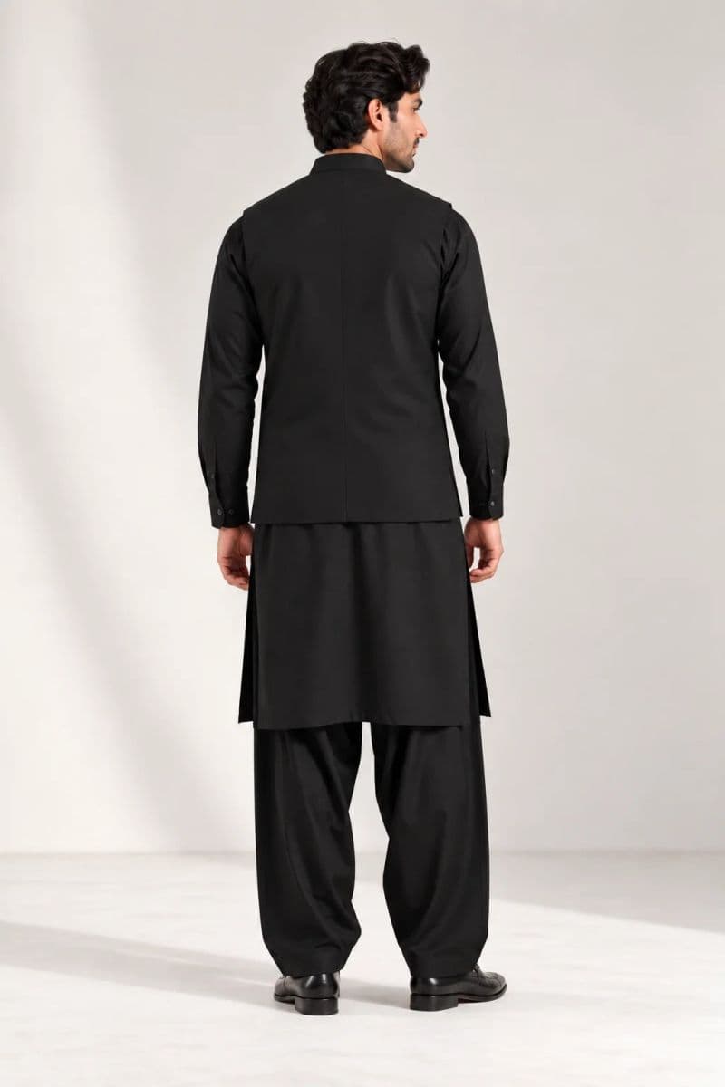 Men's Blended Kameez Shalwar with Waistcoat – BLACK thumbnail