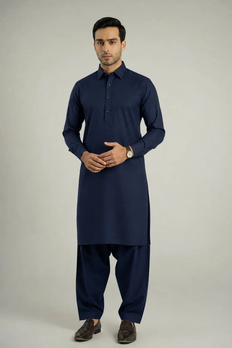 MEN'S BLENDED KAMEEZ SHALWAR – NAVY BLUE thumbnail