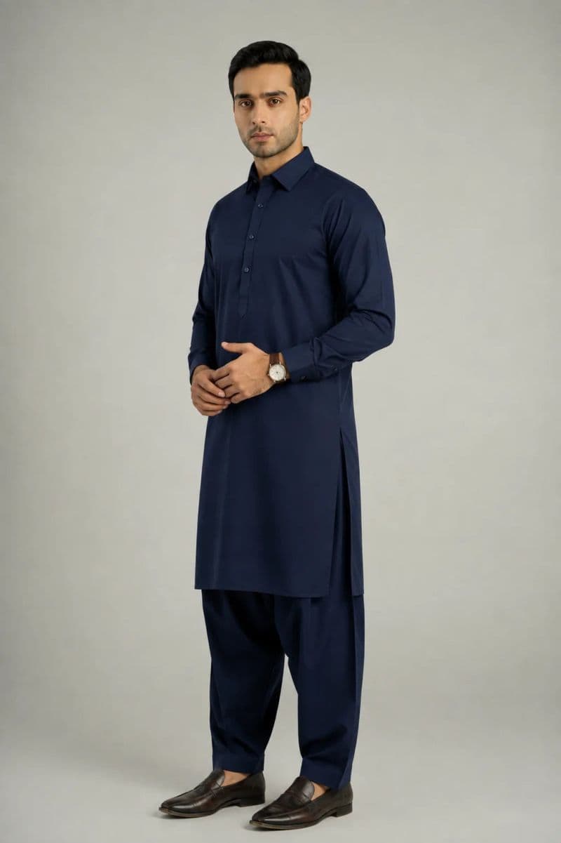 MEN'S BLENDED KAMEEZ SHALWAR – NAVY BLUE thumbnail