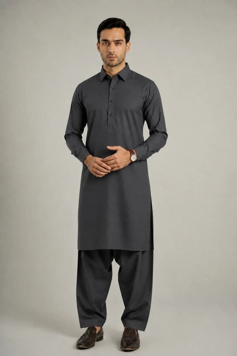 MEN'S BLENDED KAMEEZ SHALWAR – GREY thumbnail