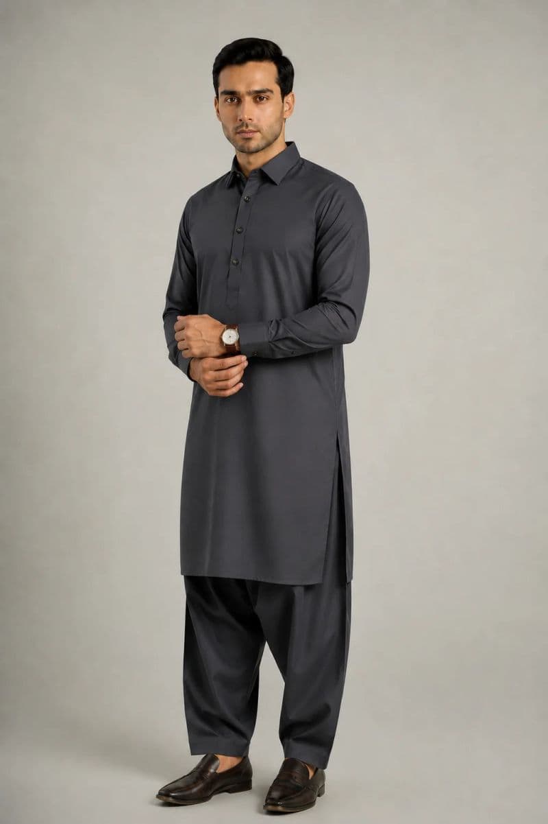 MEN'S BLENDED KAMEEZ SHALWAR – GREY thumbnail