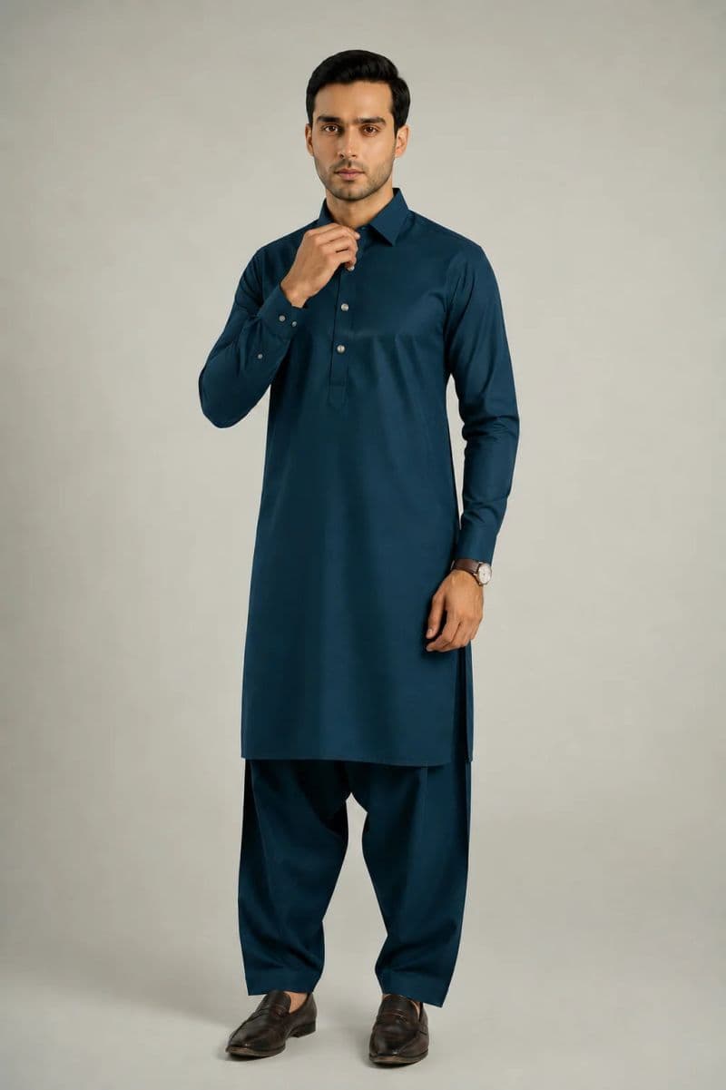 MEN'S BLENDED KAMEEZ SHALWAR – TEAL GREEN thumbnail