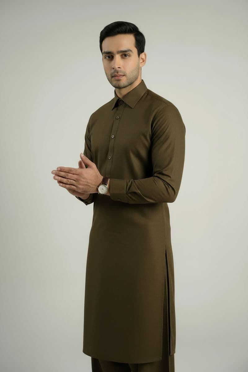 MEN'S BLENDED KAMEEZ SHALWAR – LIGHT OLIVE thumbnail
