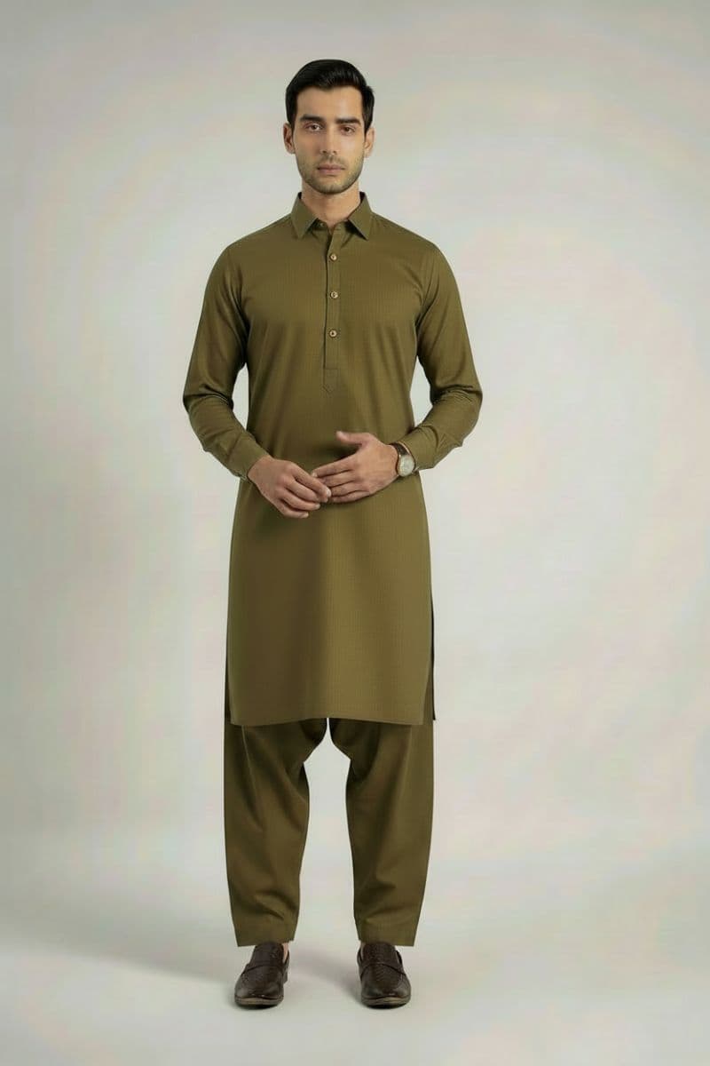 MEN'S BLENDED KAMEEZ SHALWAR – OLIVE thumbnail
