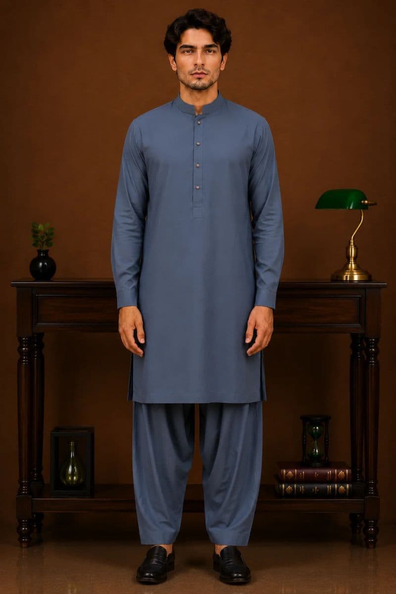 Men's Wash & Wear Kameez Shalwar - Stone Blue thumbnail
