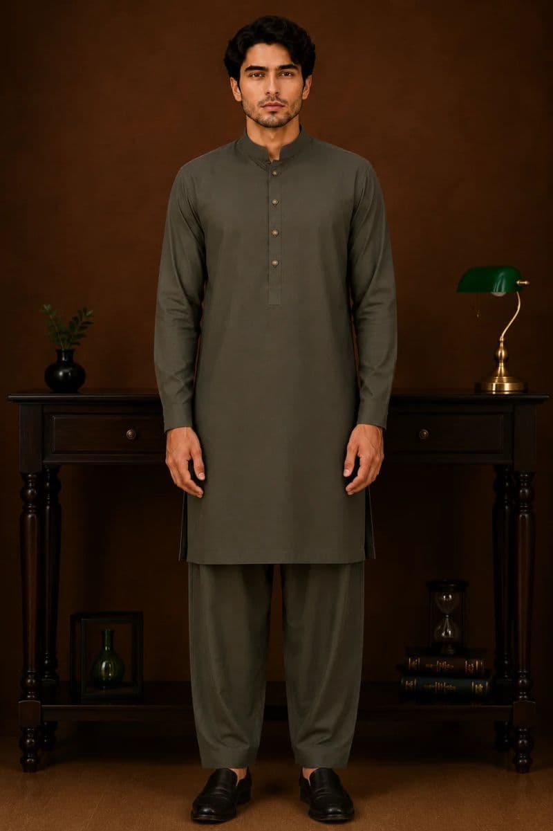 Men's Wash & Wear Kameez Shalwar - Olive thumbnail