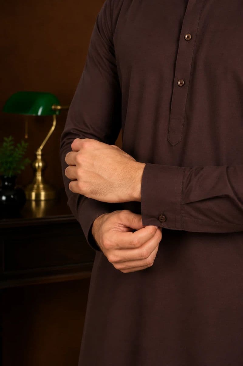Men's Wash & Wear Kameez Shalwar - Dark Brown thumbnail