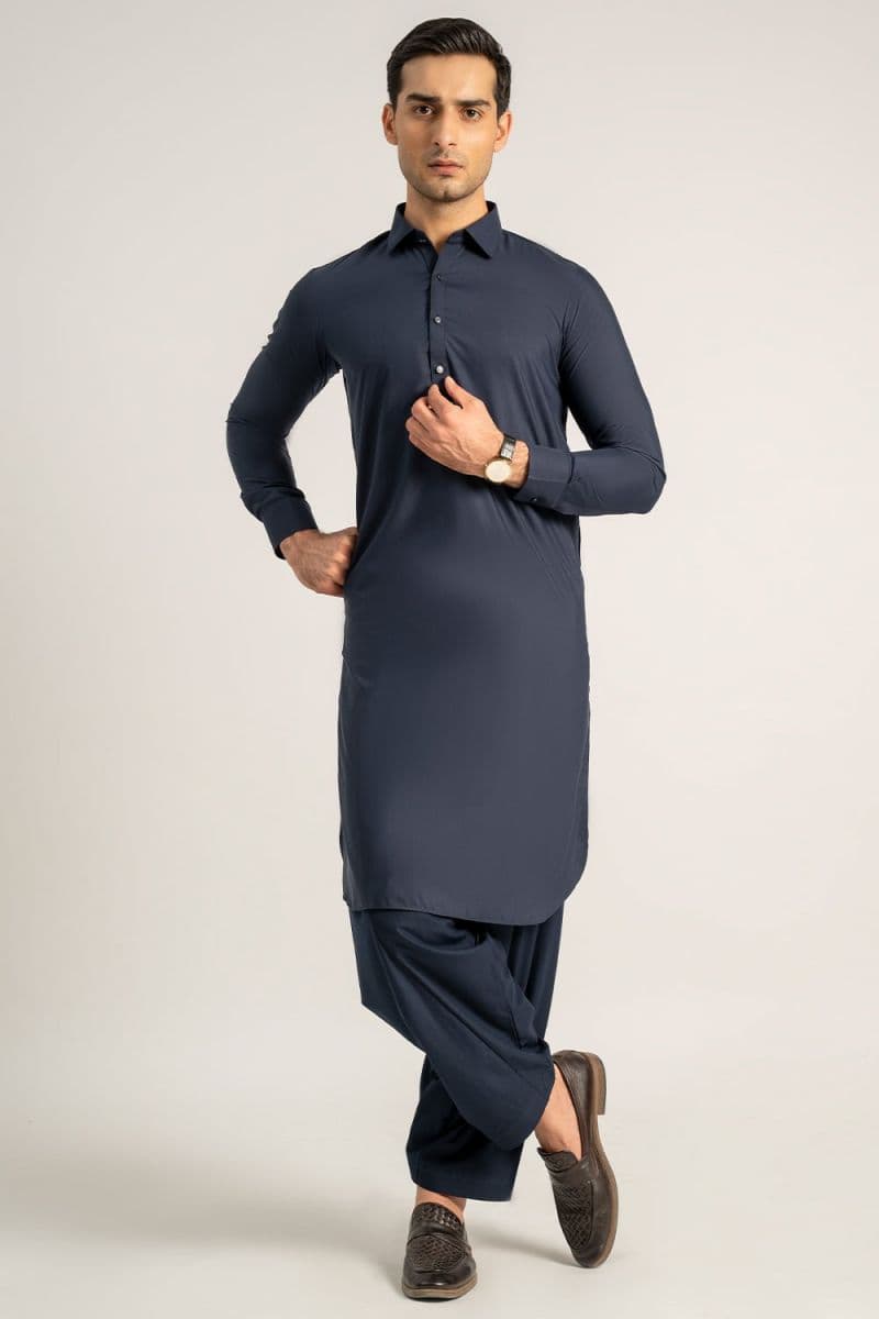 Navy Blue Blended Kameez Shalwar