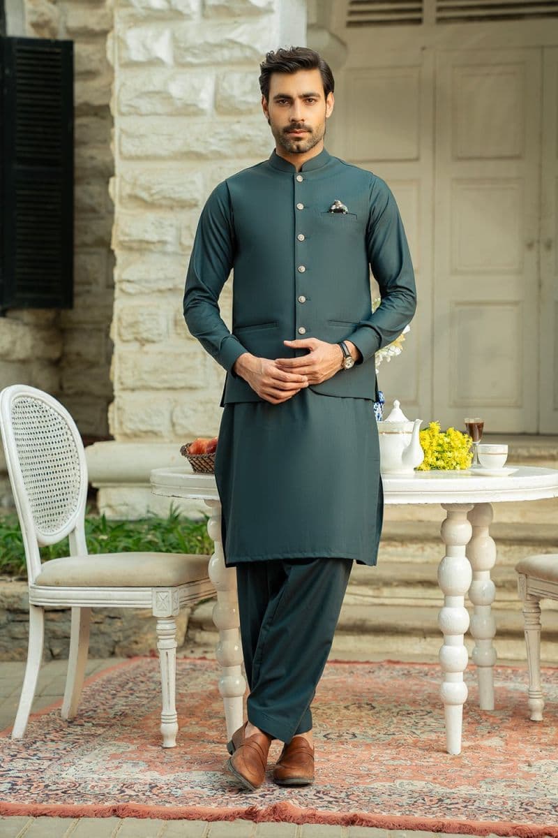 Dark Green Men Blended Kameez Shalwar