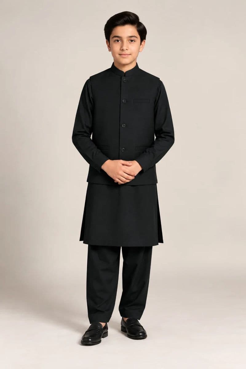 Boys Kameez Shalwar & Waistcoat Combo – dark green thumbnail