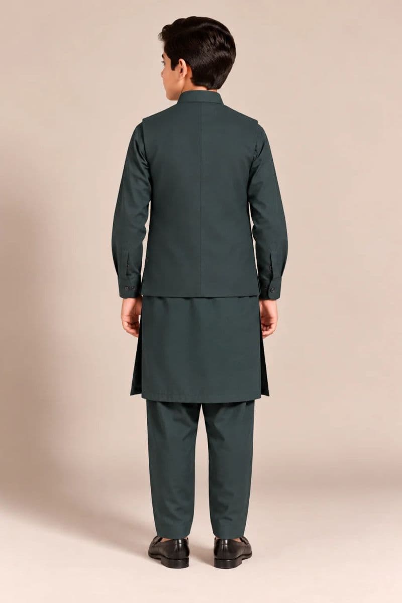 Boys Kameez Shalwar & Waistcoat Combo – teal green thumbnail