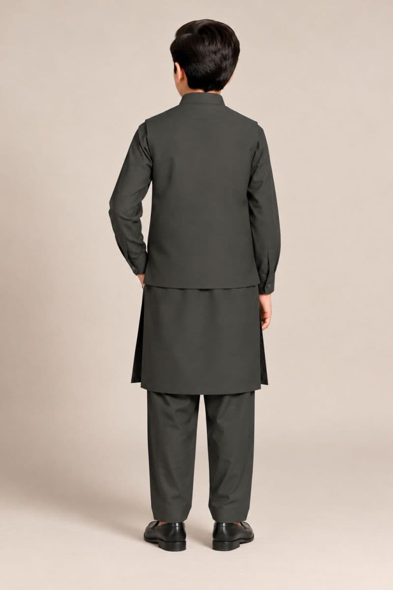 Boys Kameez Shalwar & Waistcoat Combo – olive thumbnail