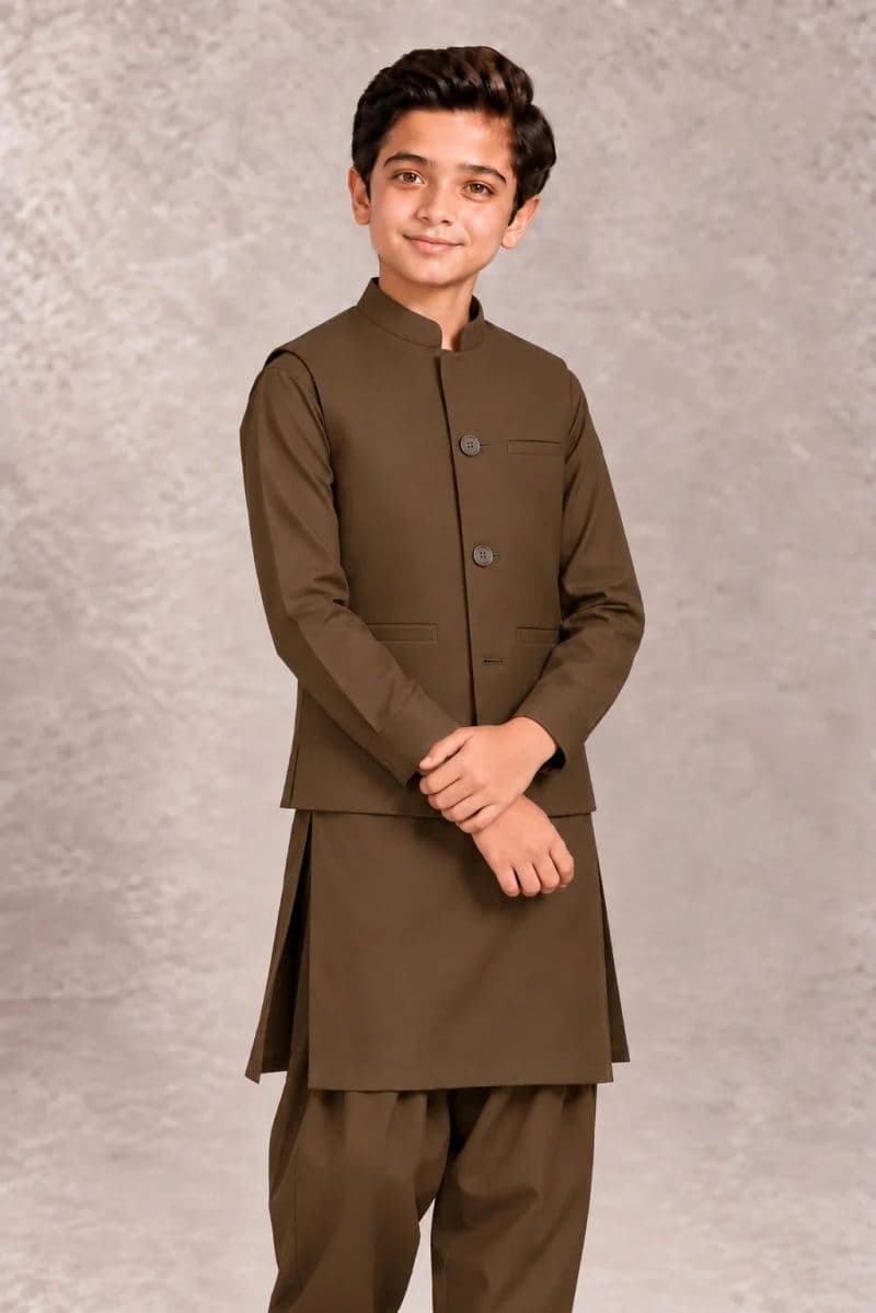 Boys Kameez Shalwar & Waistcoat Combo – coffee brown thumbnail