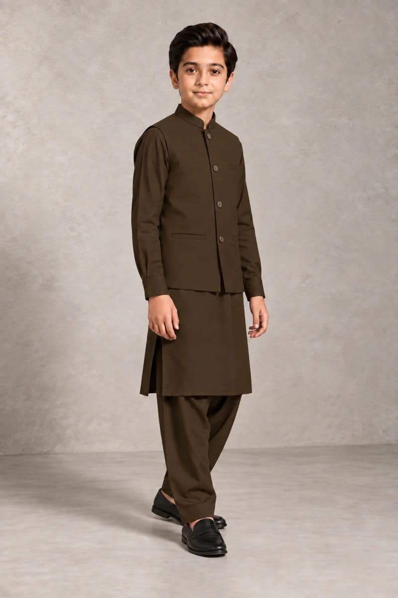 Boys Kameez Shalwar & Waistcoat Combo – light olive thumbnail
