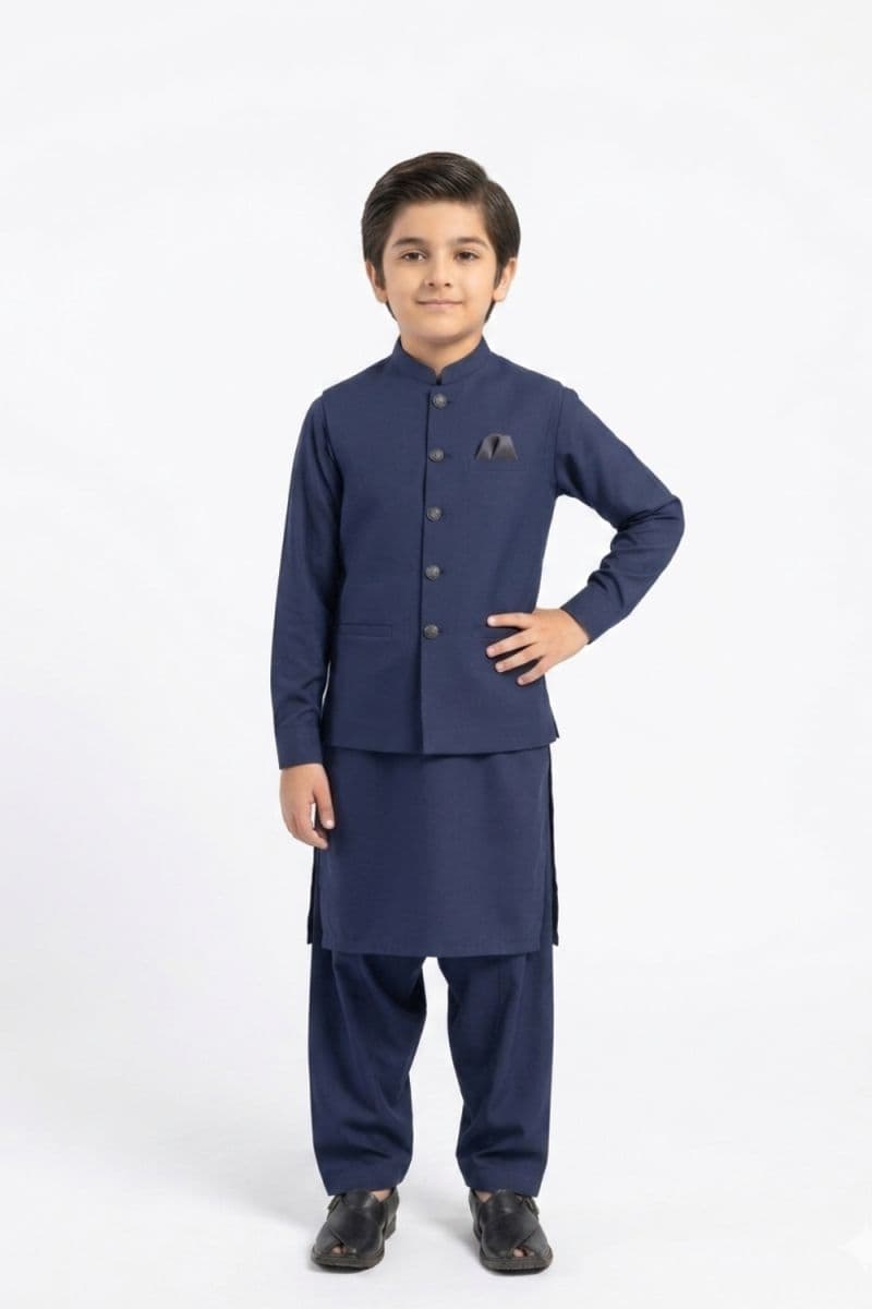 Boys Kameez Shalwar & Waistcoat Combo – Navy Blue thumbnail