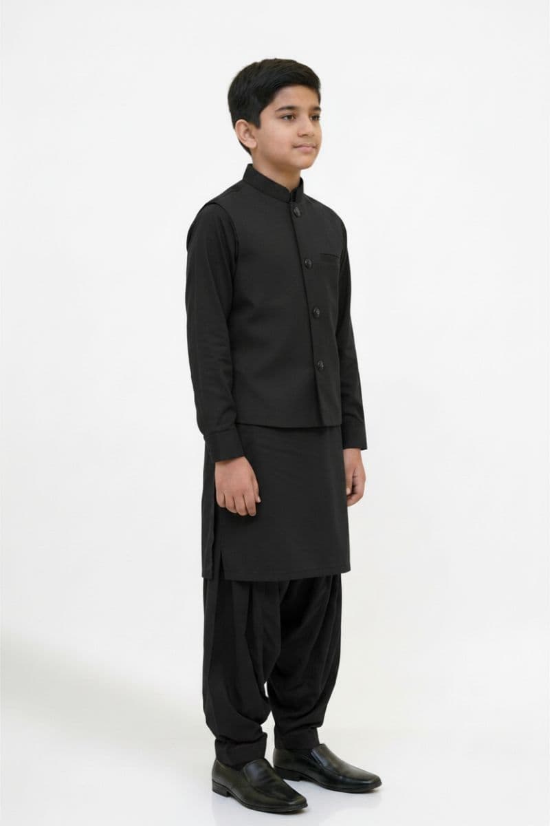 Boys Kameez Shalwar & Waistcoat Combo – Black thumbnail