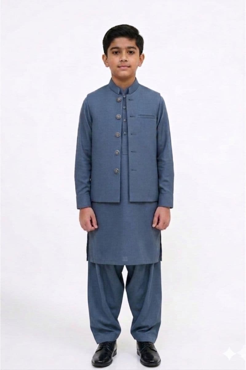 Boys Kameez Shalwar & Waistcoat Combo – BLUE thumbnail
