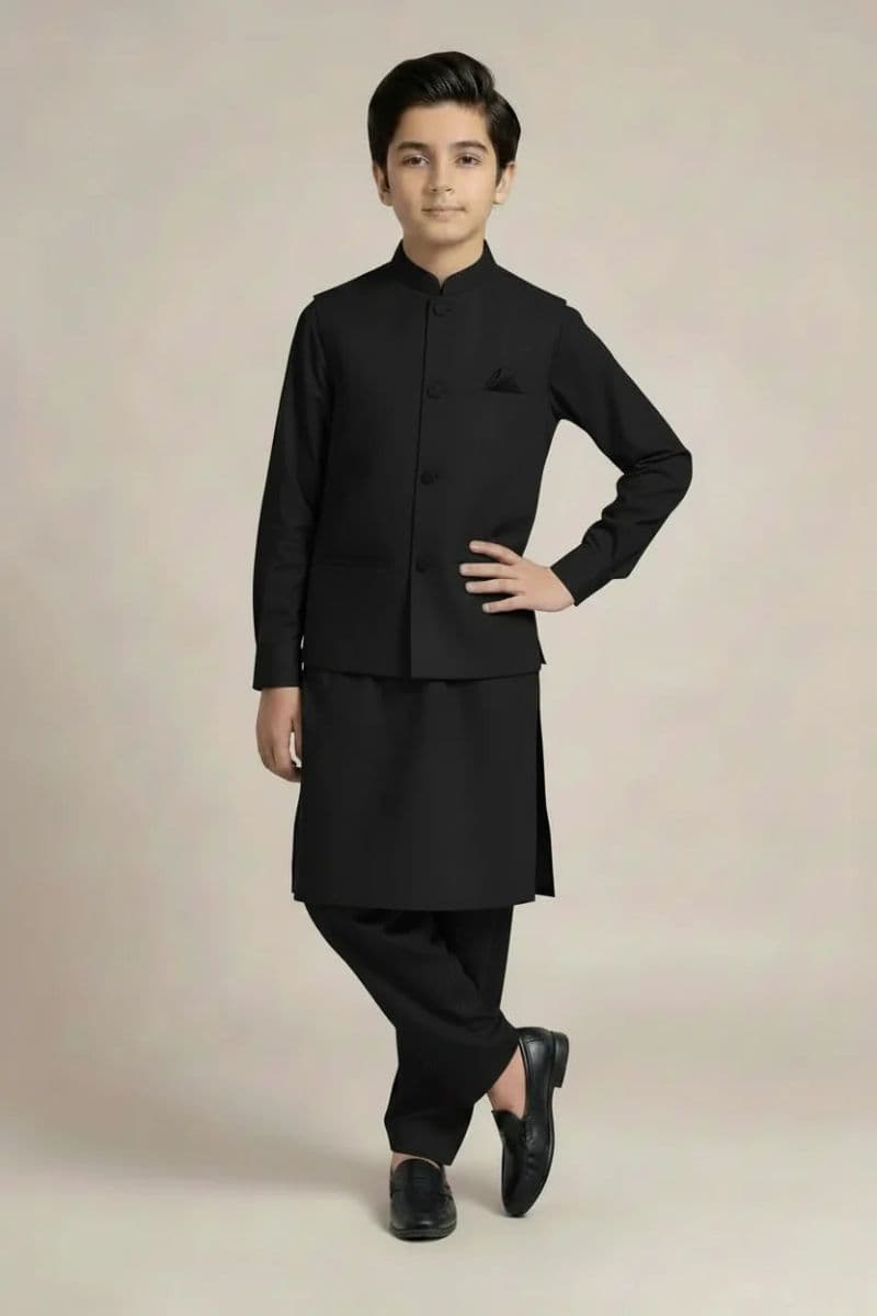 Boys Kameez Shalwar & Waistcoat Combo – BLACK