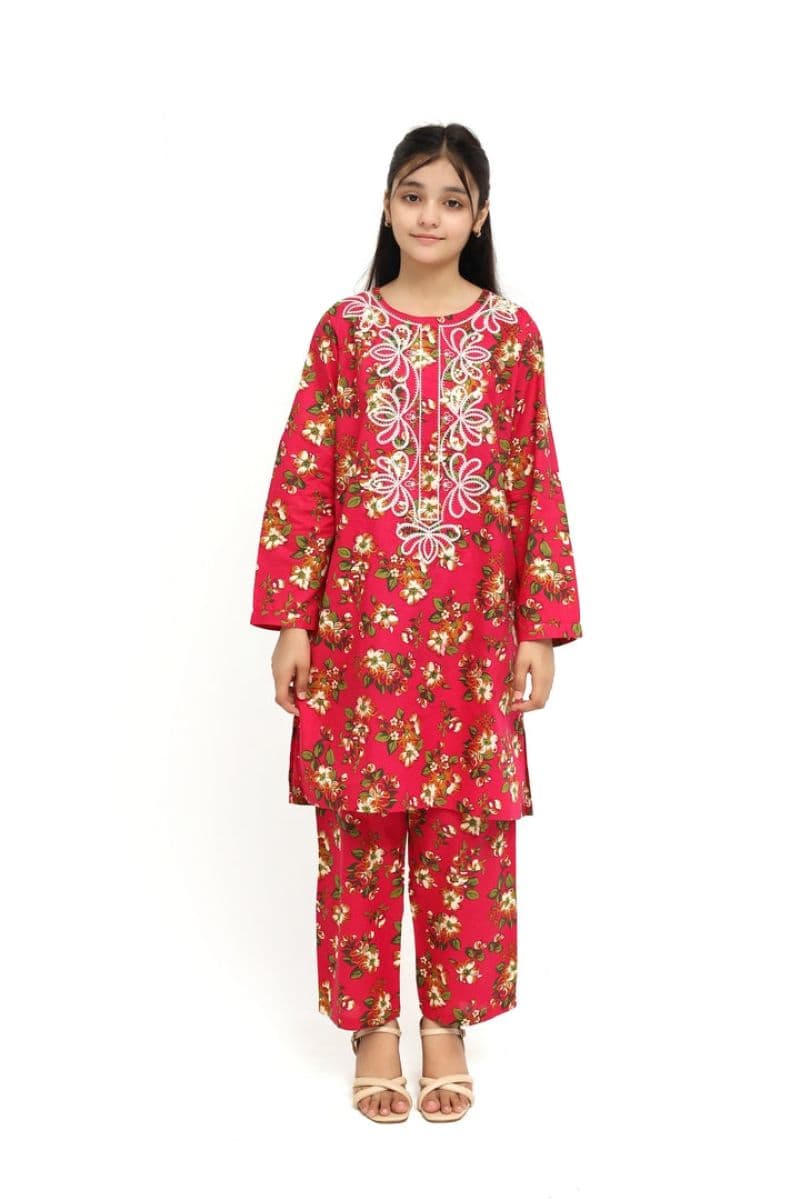 Plum 100% Cotton Lawn Reddish Pink Colour Printed White Mustard Green Flowers Embroidered White threads On Stitched 2 pc suit for Girls.