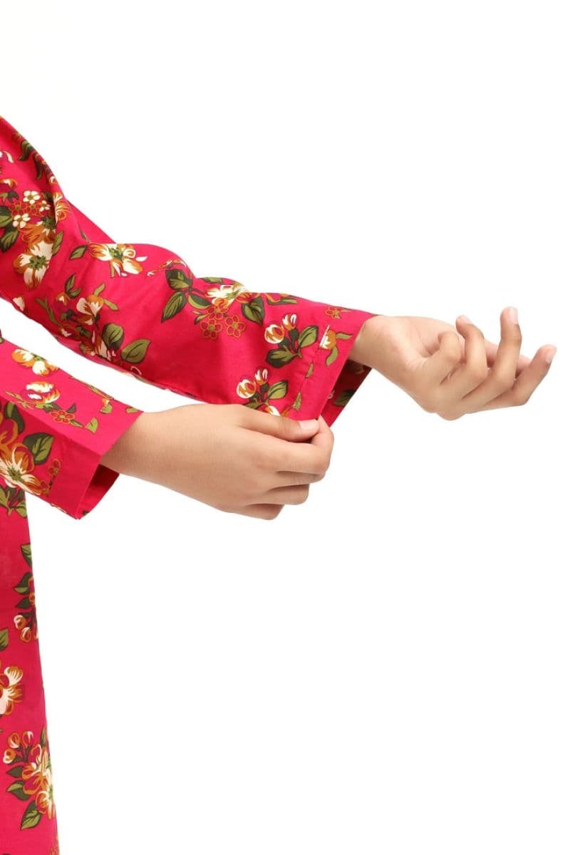 Plum 100% Cotton Lawn Reddish Pink Colour Printed White Mustard Green Flowers Embroidered White threads On Stitched 2 pc suit for Girls.
