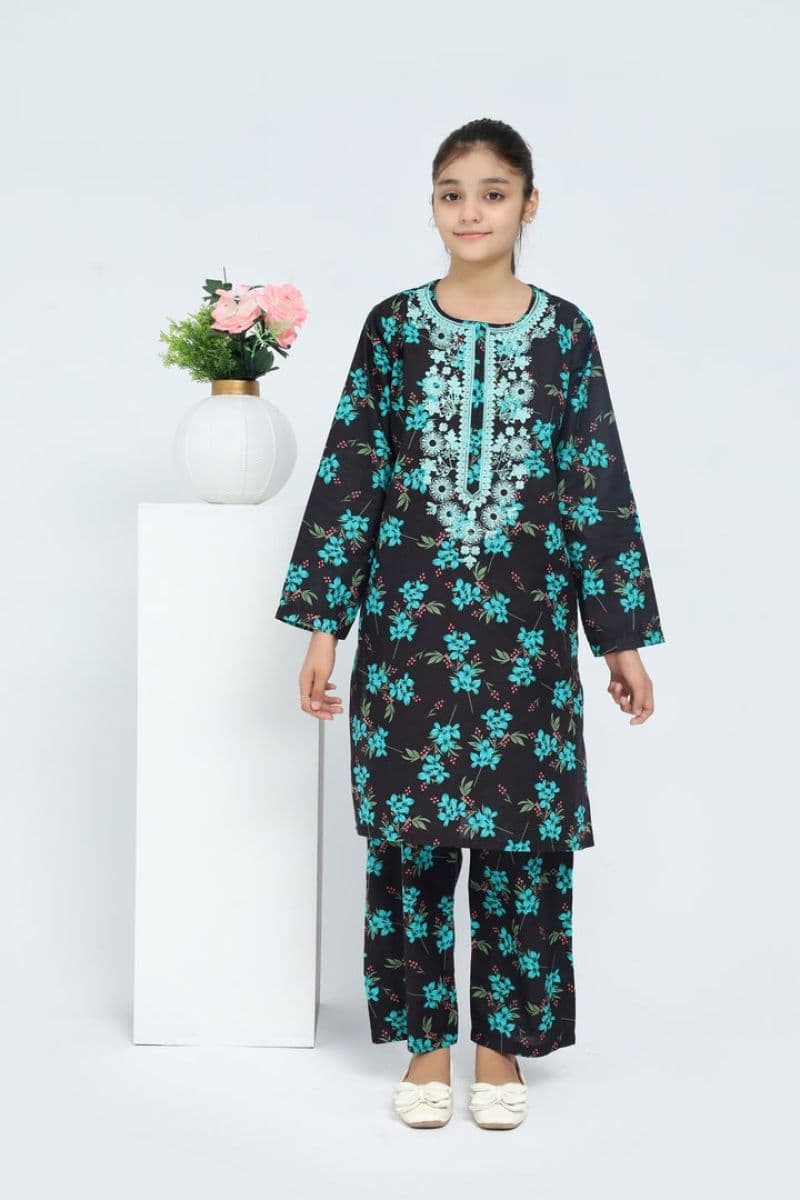 Plum 100% Cotton Lawn Black Colour Printed Sea Green Flowers Embroidered Sea Green threads On Stitched 2 pc suit for Girls.