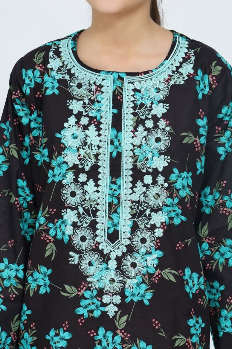Plum 100% Cotton Lawn Black Colour Printed Sea Green Flowers Embroidered Sea Green threads On Stitched 2 pc suit for Girls.