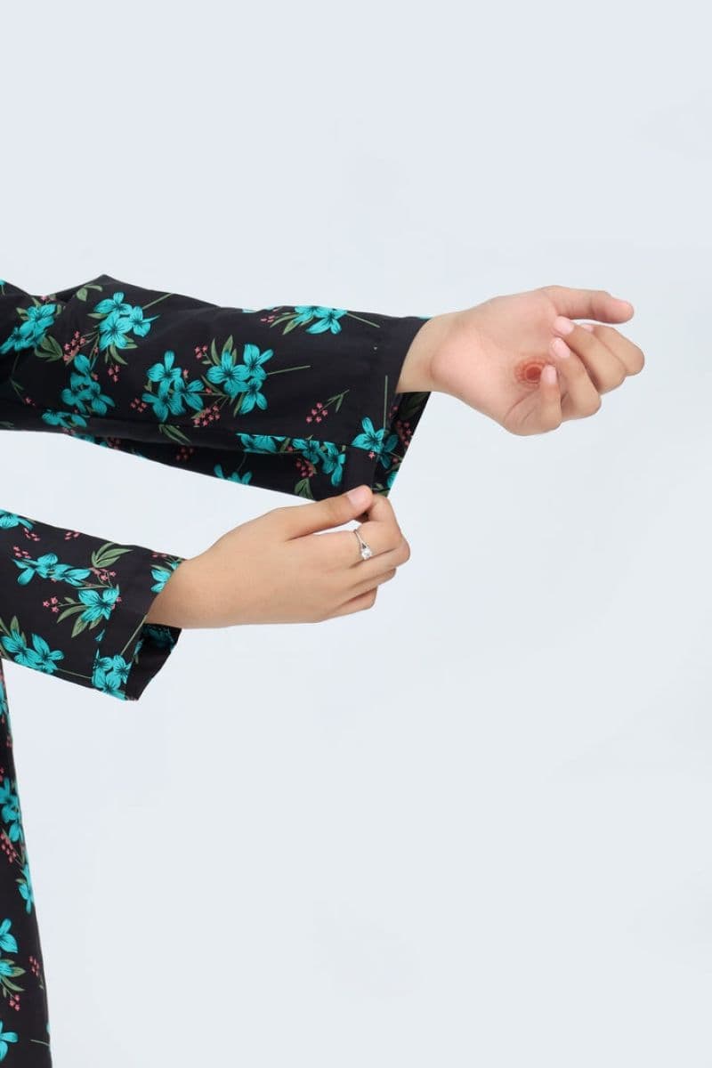 Plum 100% Cotton Lawn Black Colour Printed Sea Green Flowers Embroidered Sea Green threads On Stitched 2 pc suit for Girls.
