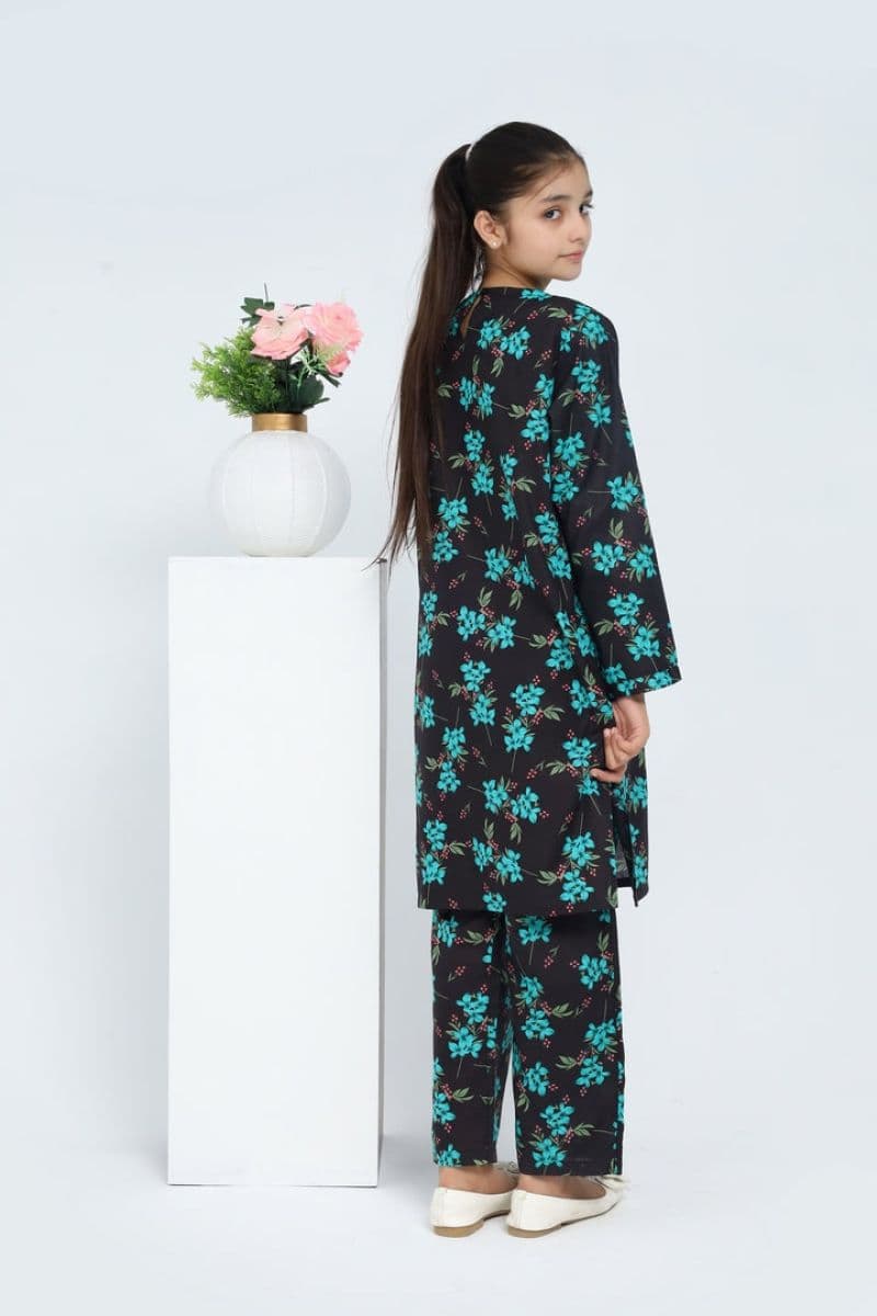 Plum 100% Cotton Lawn Black Colour Printed Sea Green Flowers Embroidered Sea Green threads On Stitched 2 pc suit for Girls.