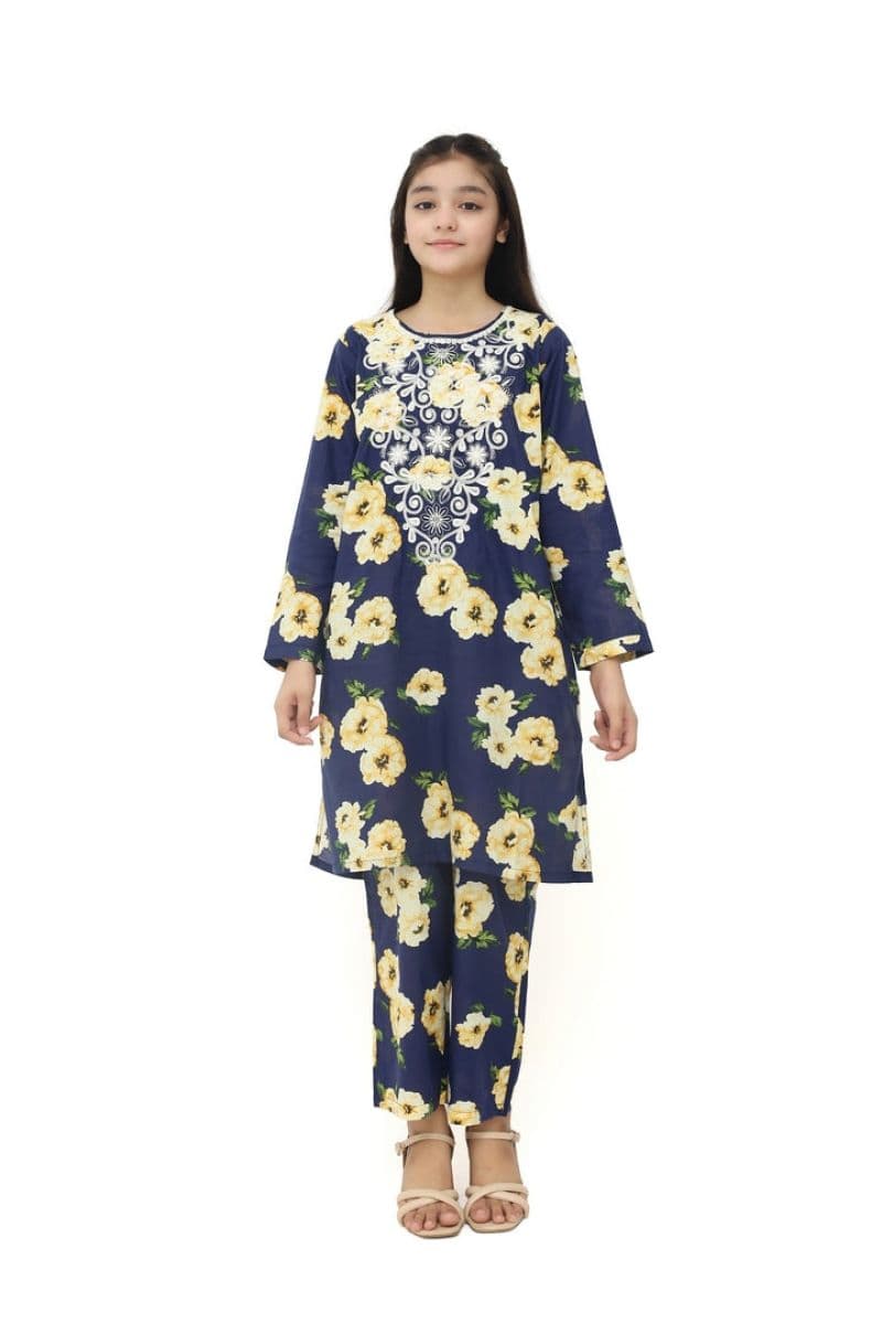 Plum 100% Cotton Lawn Dark Blue Colour Printed Yellow White Flowers Embroidered White threads On Stitched 2 pc suit for Girls.
