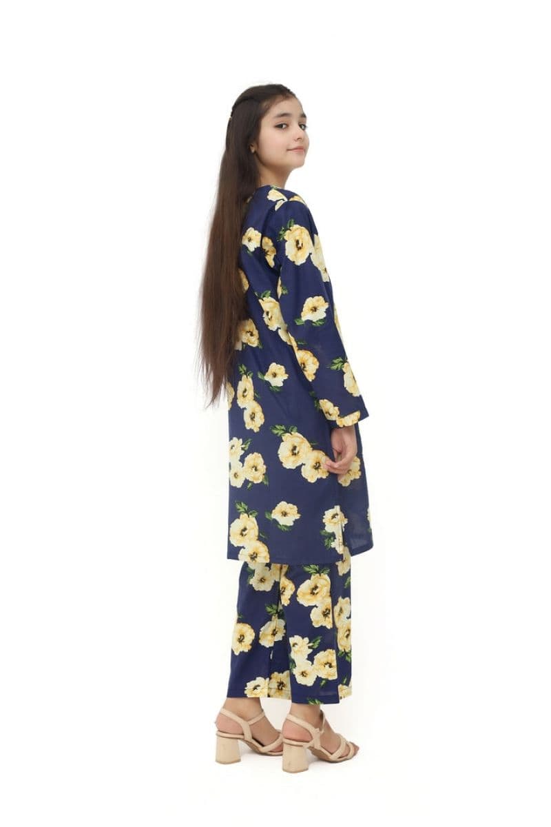 Plum 100% Cotton Lawn Dark Blue Colour Printed Yellow White Flowers Embroidered White threads On Stitched 2 pc suit for Girls.