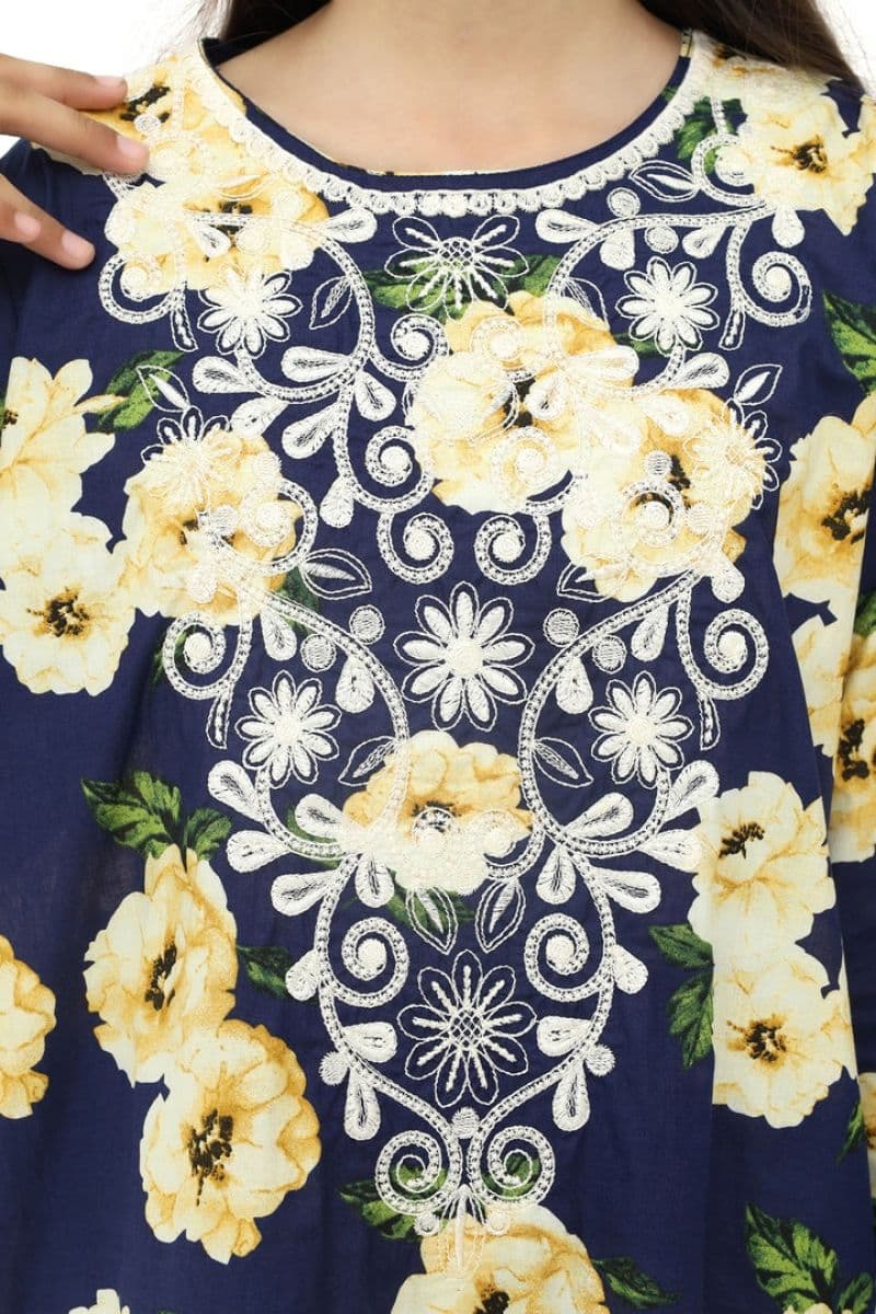 Plum 100% Cotton Lawn Dark Blue Colour Printed Yellow White Flowers Embroidered White threads On Stitched 2 pc suit for Girls.