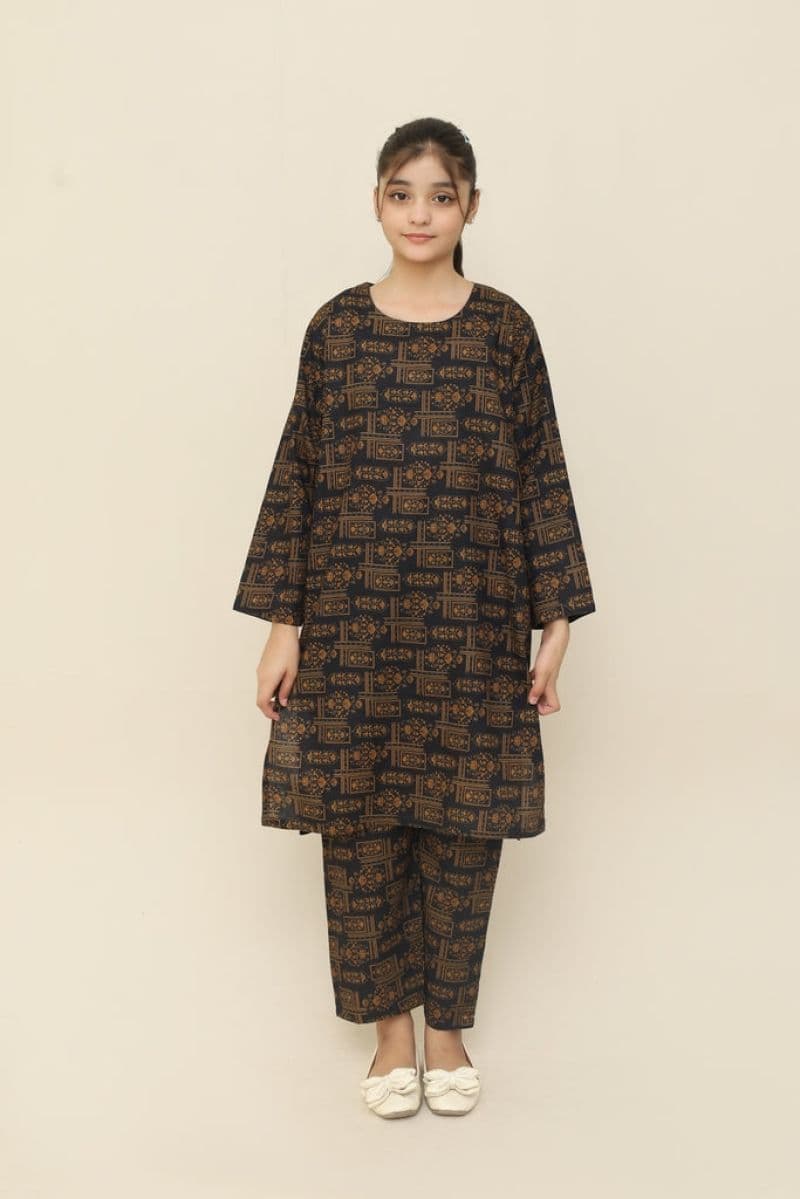 Plum Premium Khaddar Black Colour Printed Golden Patterns On 2 pc Stitched suit For Girls thumbnail