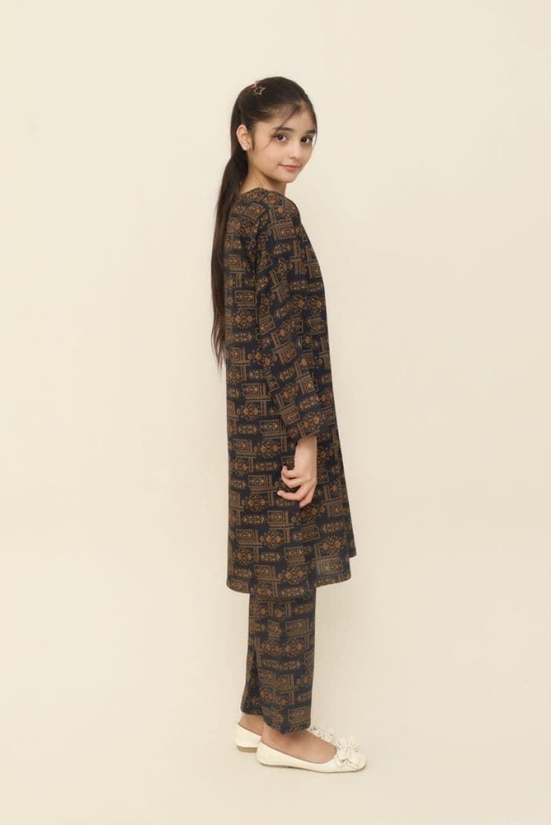 Plum Premium Khaddar Black Colour Printed Golden Patterns On 2 pc Stitched suit For Girls thumbnail