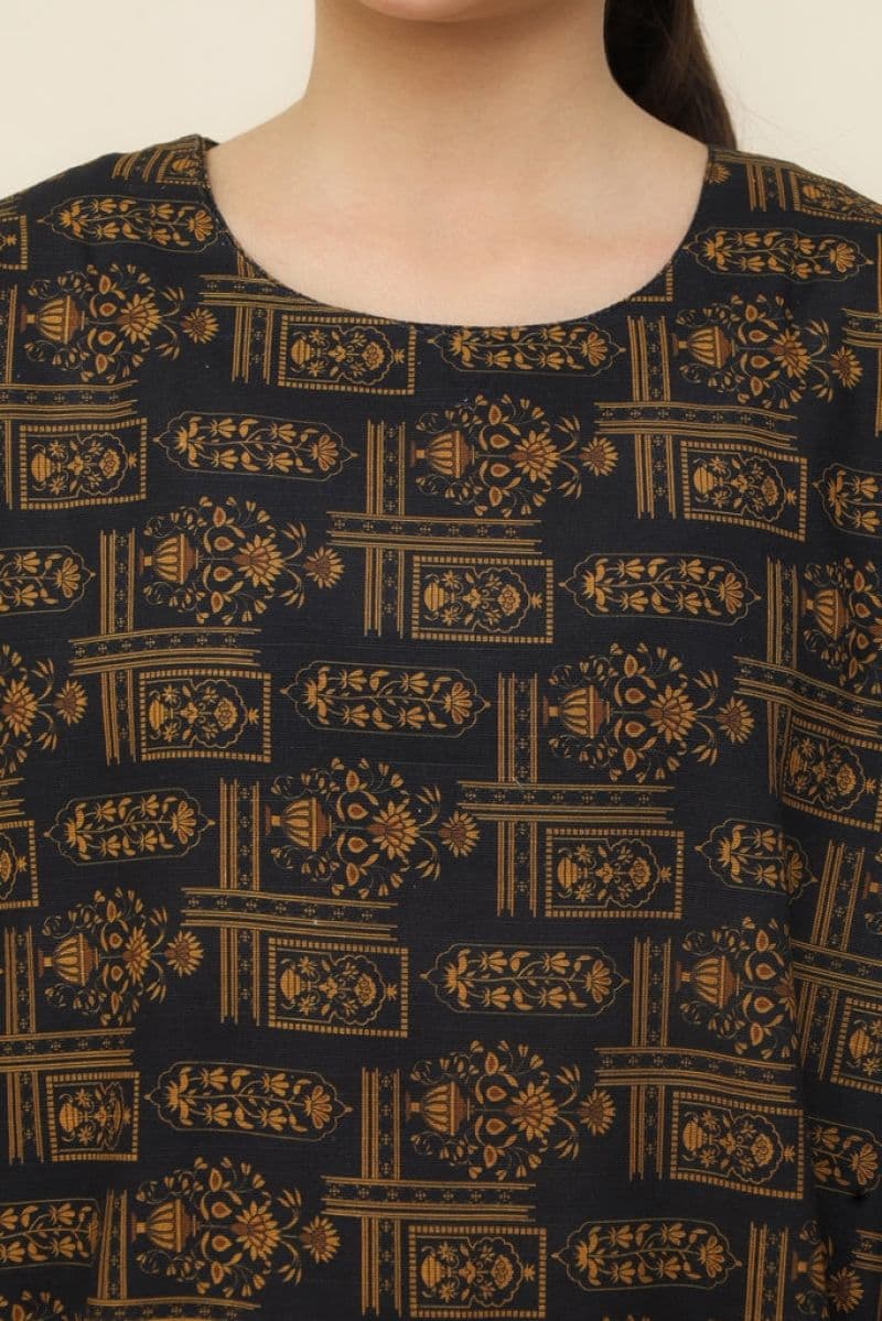Plum Premium Khaddar Black Colour Printed Golden Patterns On 2 pc Stitched suit For Girls thumbnail