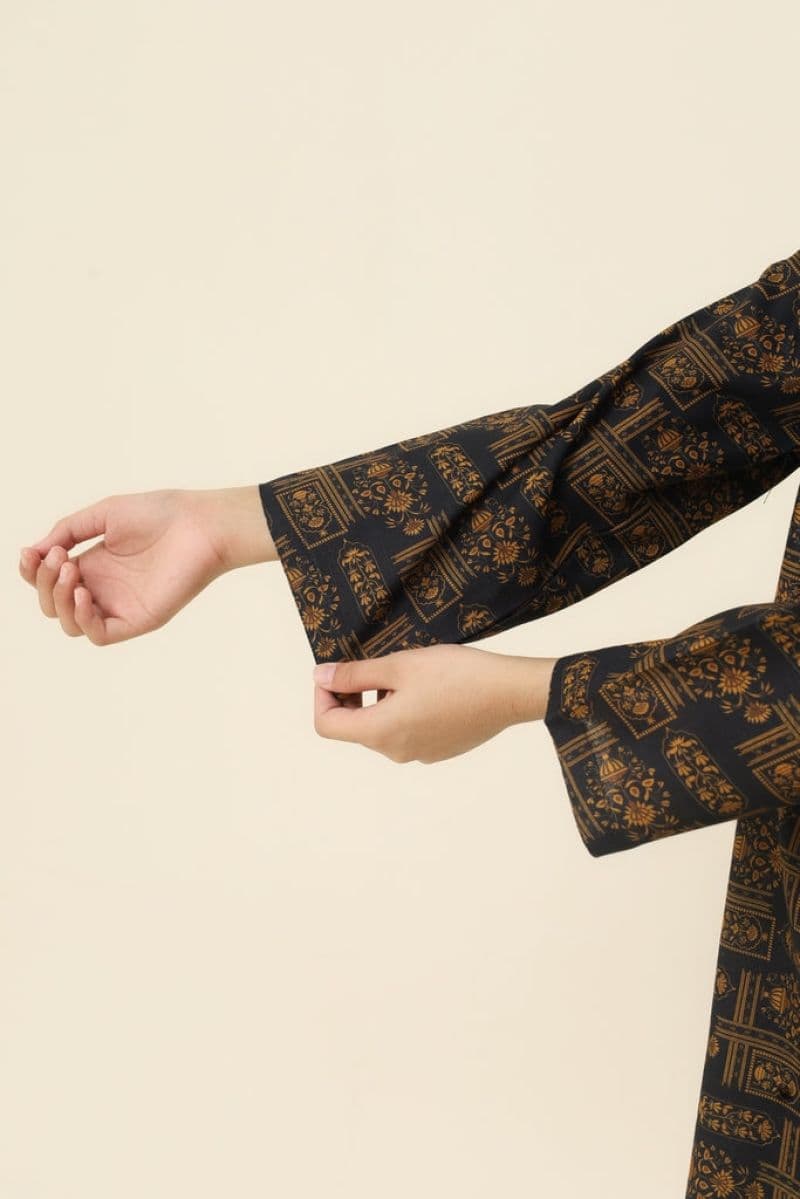 Plum Premium Khaddar Black Colour Printed Golden Patterns On 2 pc Stitched suit For Girls thumbnail