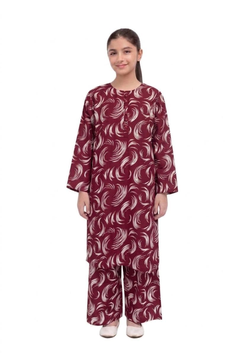 Plum Khaddar Maroon Colour Printed White Patterns with Maroon Buttons on 2pc stitched suit for Girls.