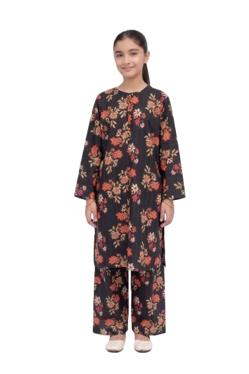 Plum Khaddar Black Colour printed Orange Yellow White Flowers with Orange buttons on 2pc stitched suit for Girls. thumbnail