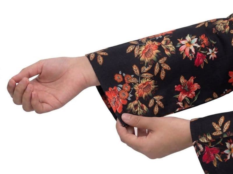 Plum Khaddar Black Colour printed Orange Yellow White Flowers with Orange buttons on 2pc stitched suit for Girls. thumbnail