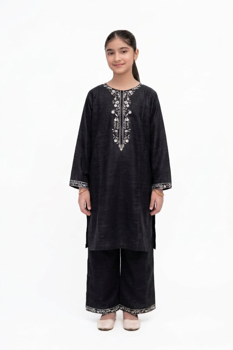 Plum Khaddar Black Colour embroidered with Grey threads on 2pc stitched suit for Girls. thumbnail