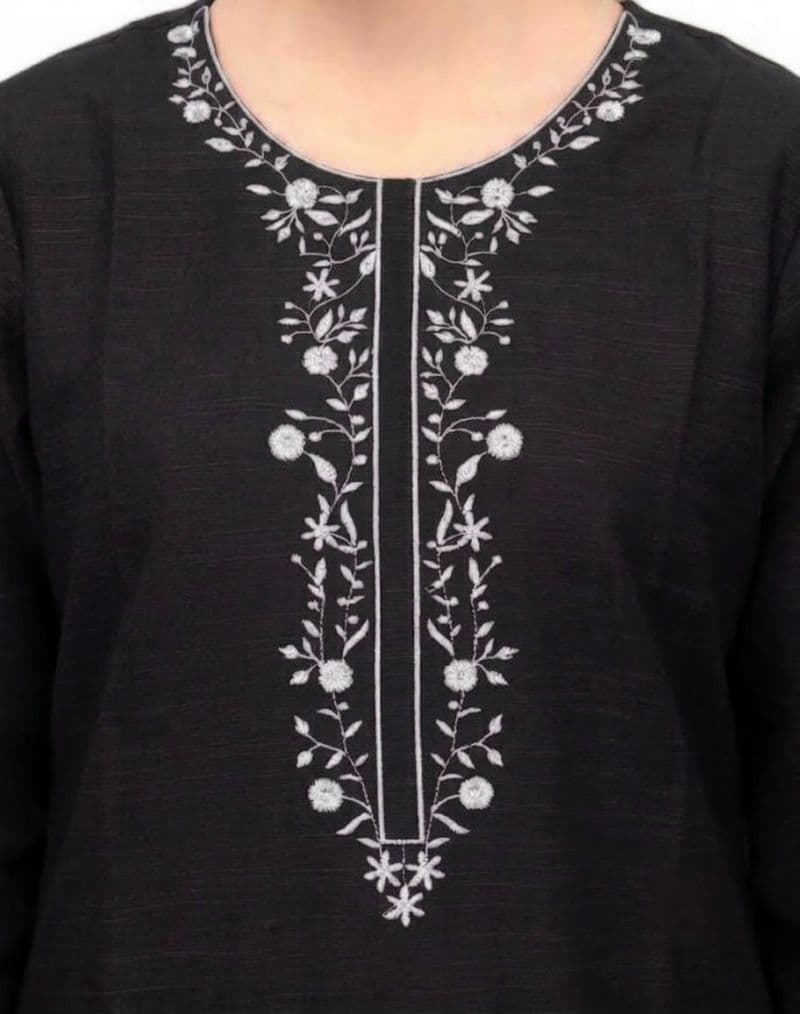 Plum Khaddar Black Colour embroidered with Grey threads on 2pc stitched suit for Girls. thumbnail