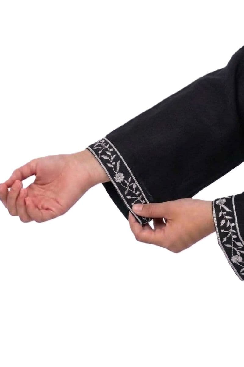Plum Khaddar Black Colour embroidered with Grey threads on 2pc stitched suit for Girls. thumbnail